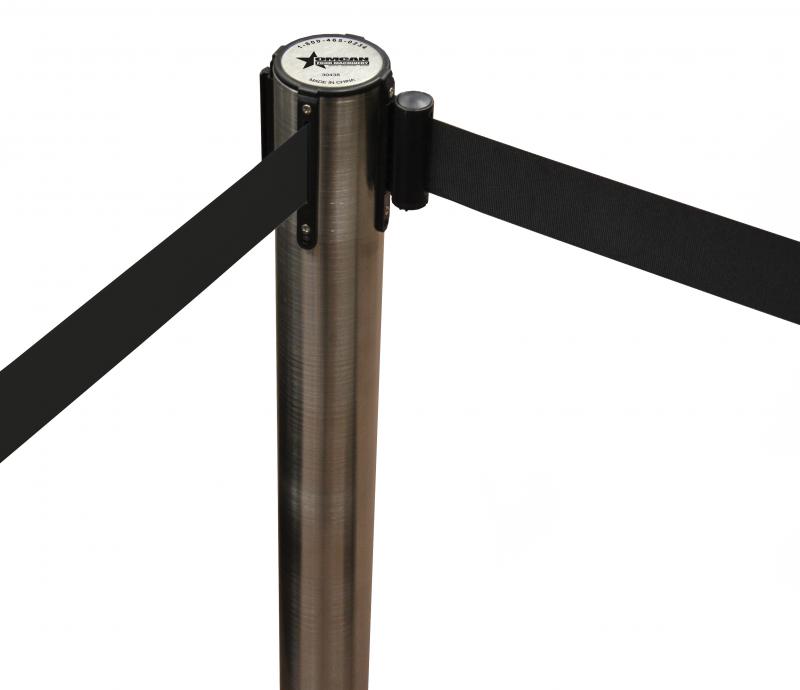 Stainless Steel Crowd Control System with Black Rectractable Belt Barrier